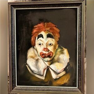 Vintage Framed Clown Portrait Art in Vibrant Colors
